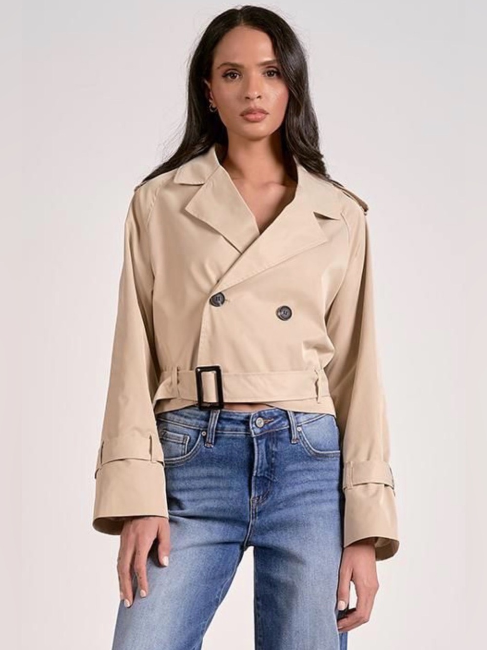 Elan Beige Cropped Trench Coat with Belted Waist
